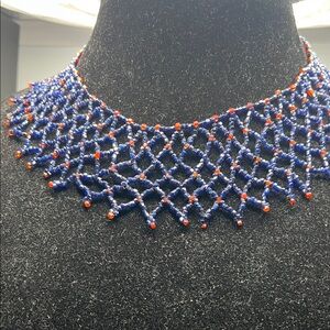 Vintage Elegant Blue and Red Beaded collar Necklace